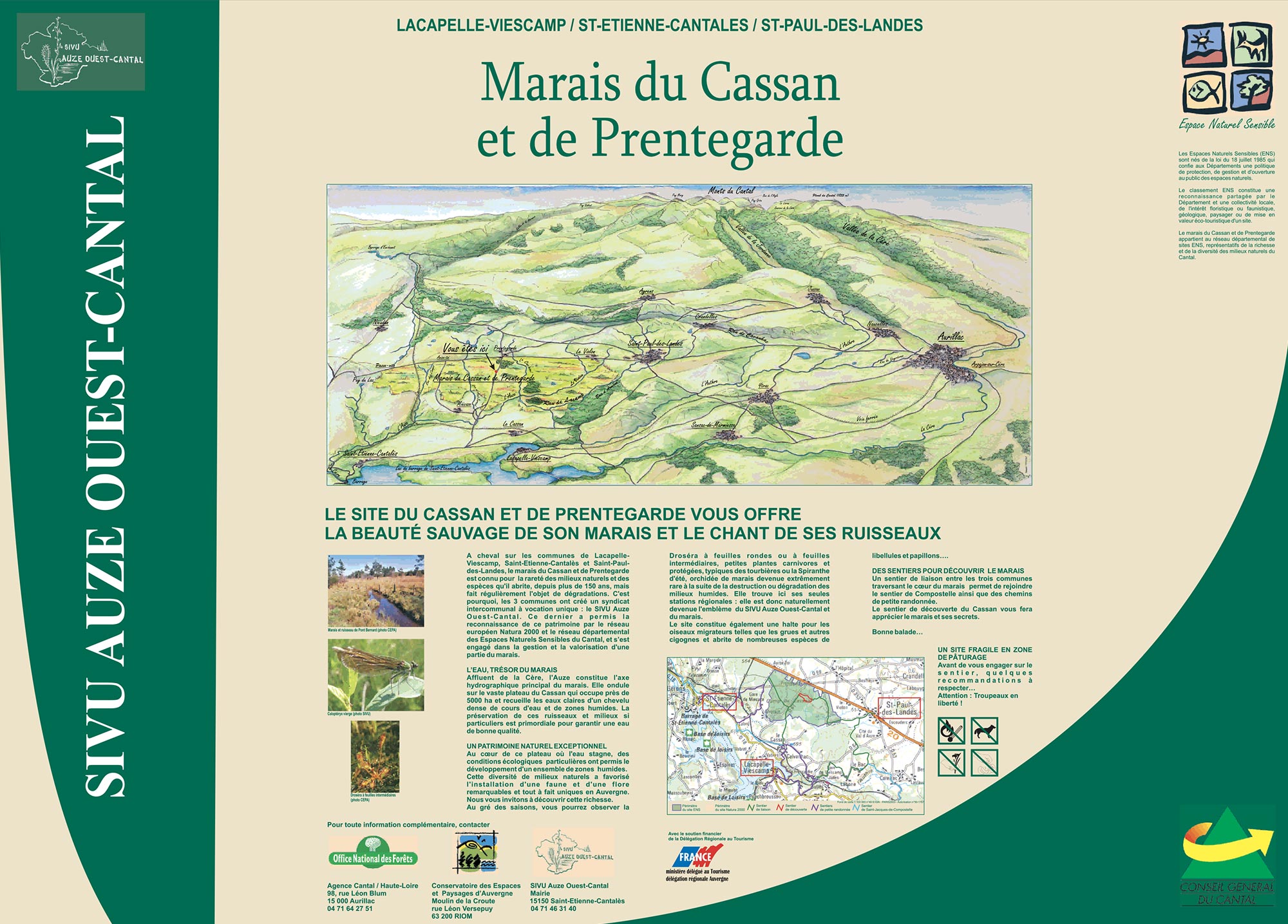 Panneau du site du Marais du Cassan et de Prentegarde, zone humide prot&eacute;g&eacute;e situ&eacute;e dans le Cantal, en Auvergne.