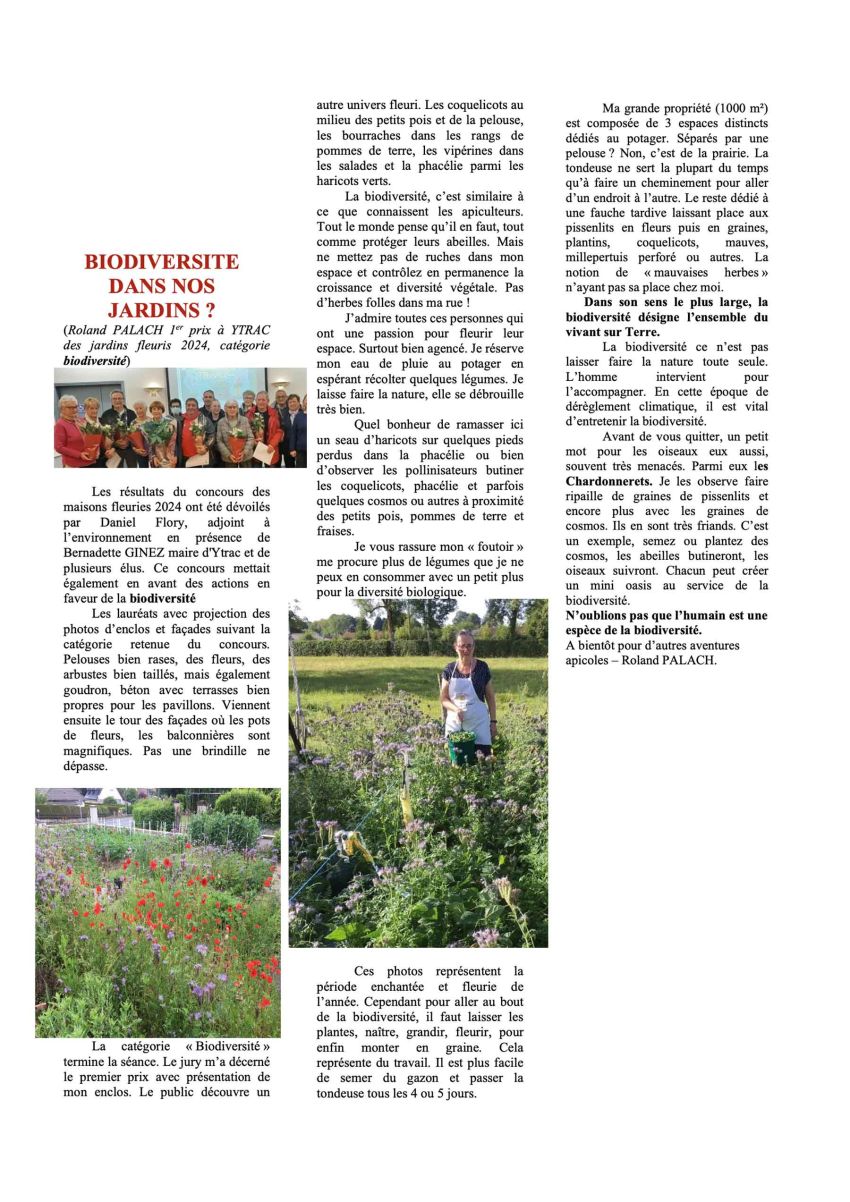 Article Biodiversit&eacute; dans nos jardins ? &Eacute;crit par Roland PALACH, 1er prix &agrave; YTRAC des jardins fleuris 2024, cat&eacute;gorie biodiversit&eacute;.